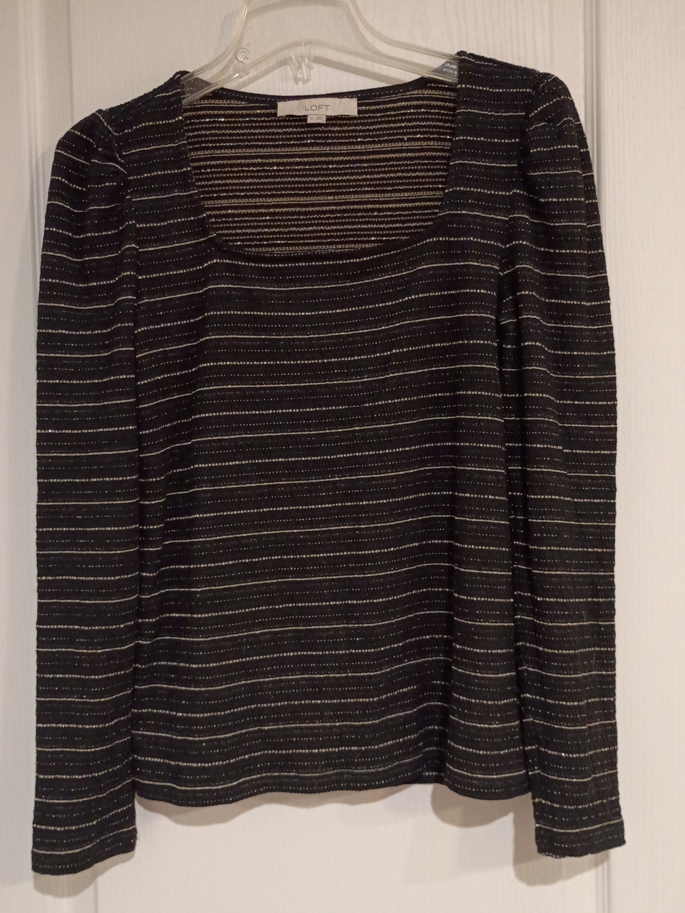 LOFT Black Top with Metallic Silver Stripes